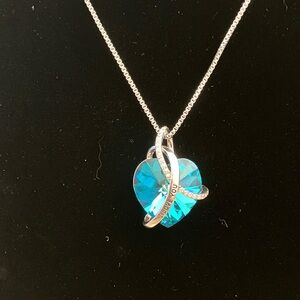 Dazzling Silver tone Blue Heart Pendant Necklace with Inscription